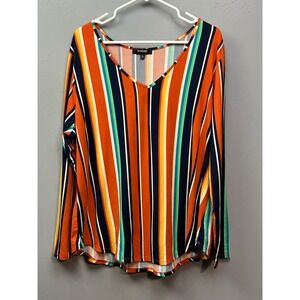 Ups & Downs Orange Multi Color Stripe V Neck Long Sleeve Top Plus‎ Size 2X